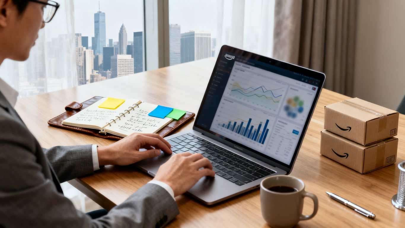 Analyst reviewing Amazon keyword data sources