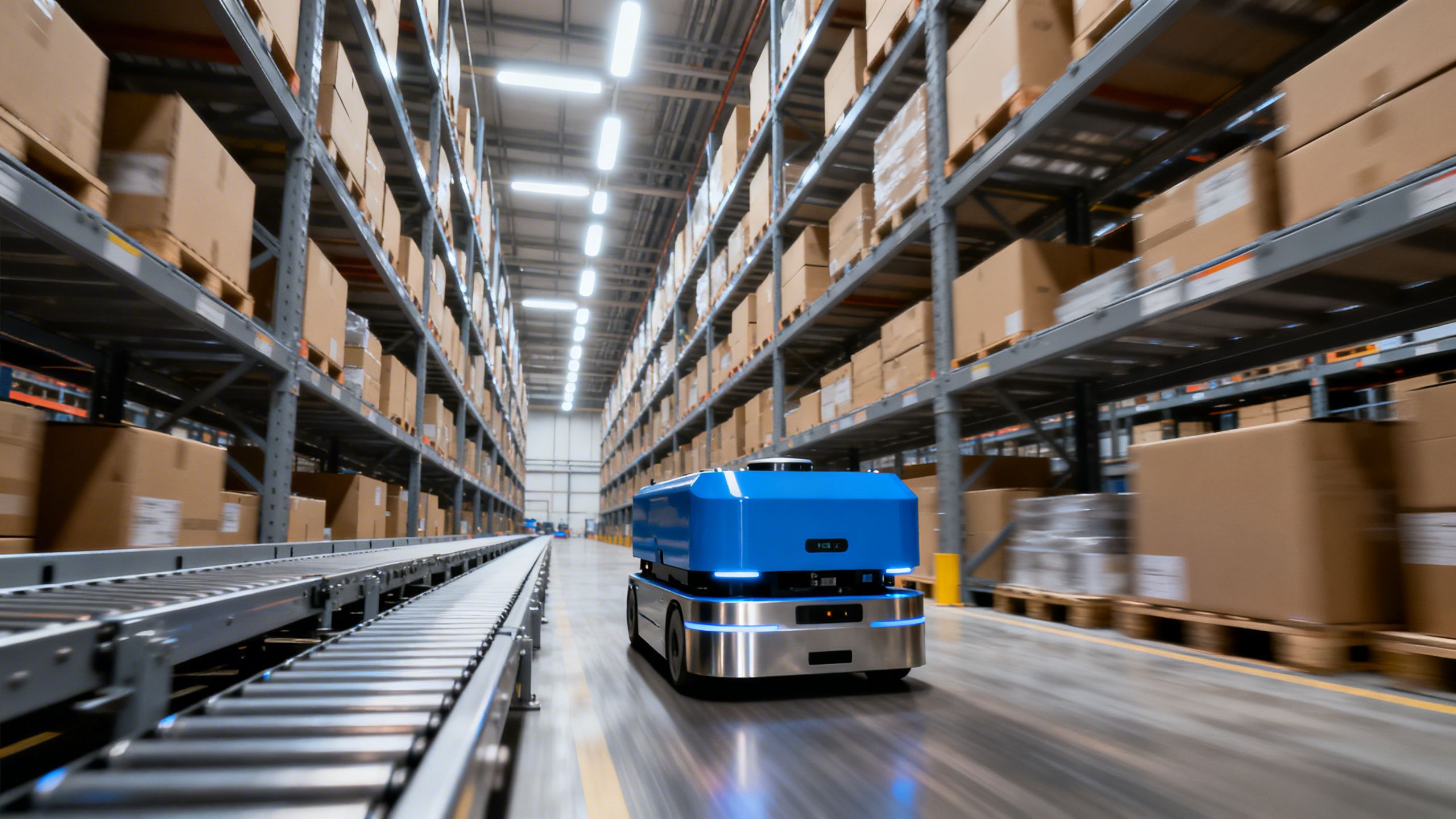 Autonomous mobile robots speeding through a warehouse, showcasing the efficiency of warehouse automation.