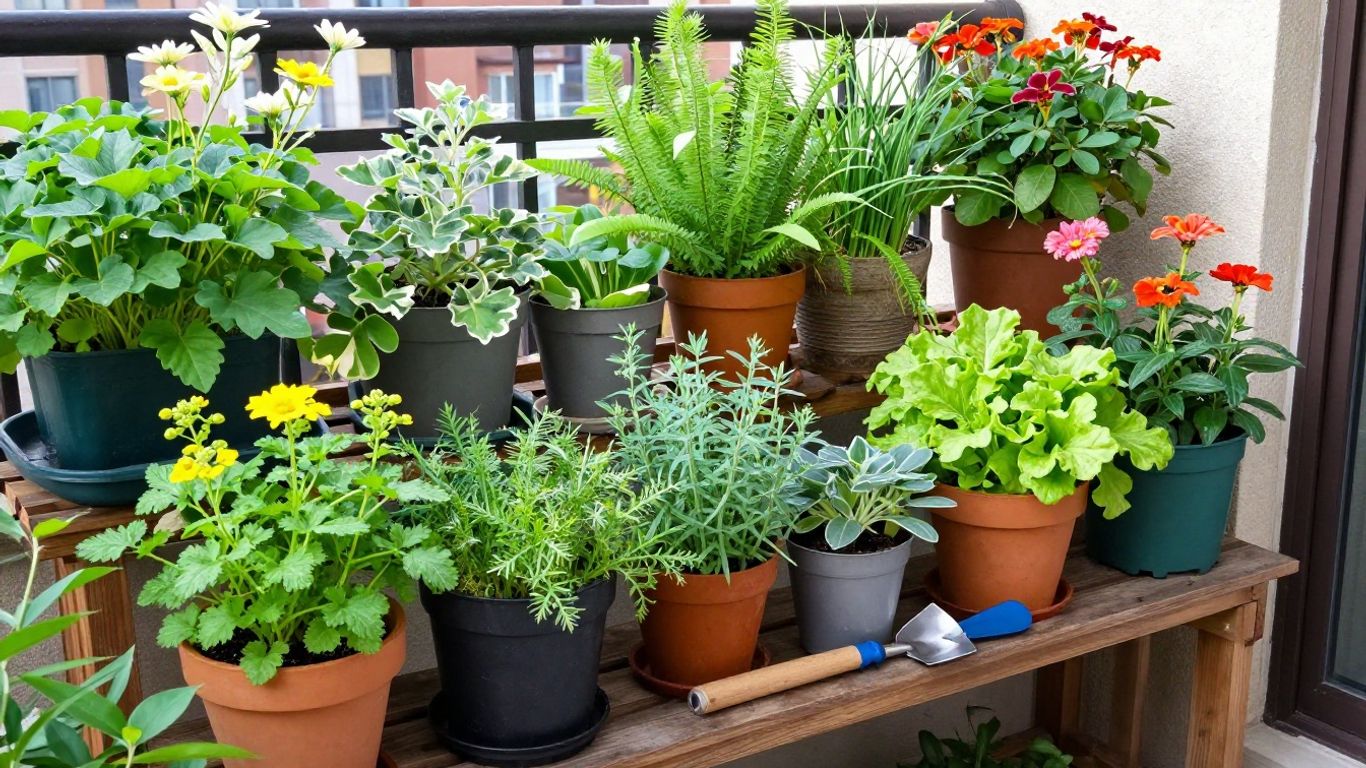 Balkongarten mit Kräutern und Blumen im Sonnenschein