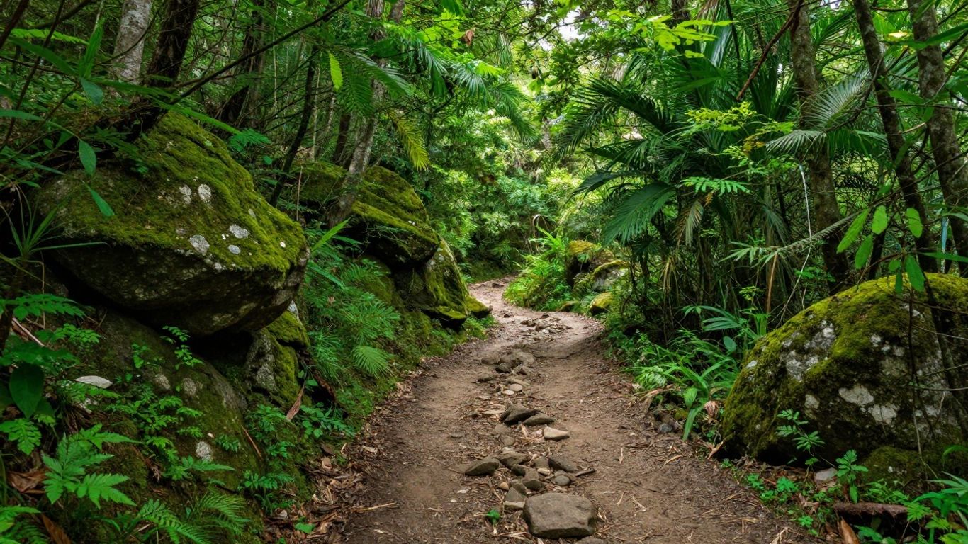 Parque Arví hiking trail winding through a green forest.