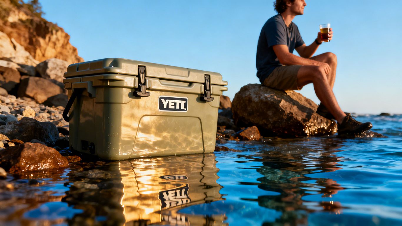 Yeti cooler on a rocky shore with a person enjoying a drink.