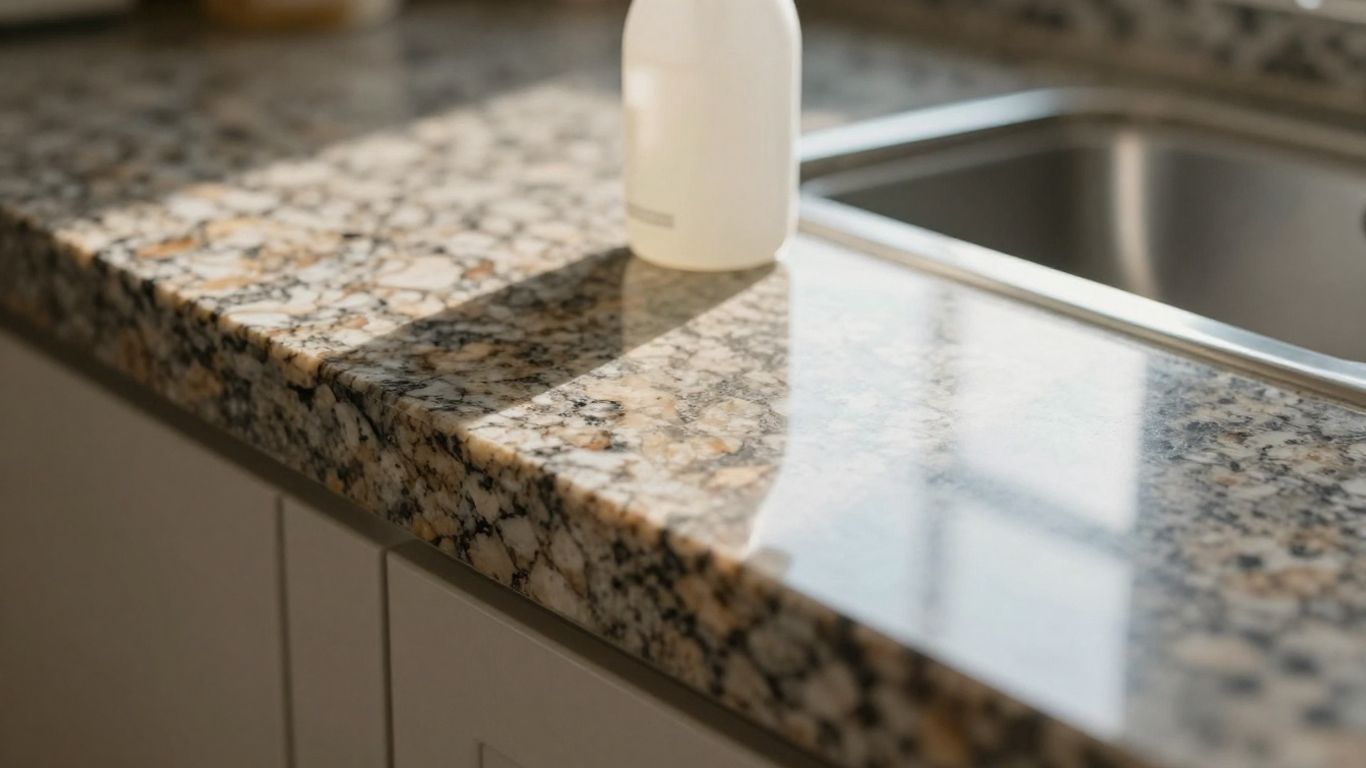 Polished granite countertop with a cleaning spray bottle.