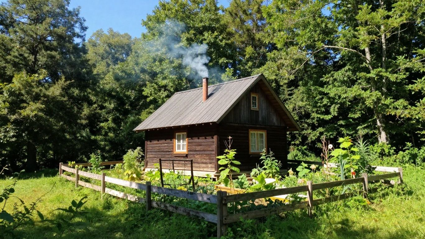 Off-grid cabin in a forest with garden.