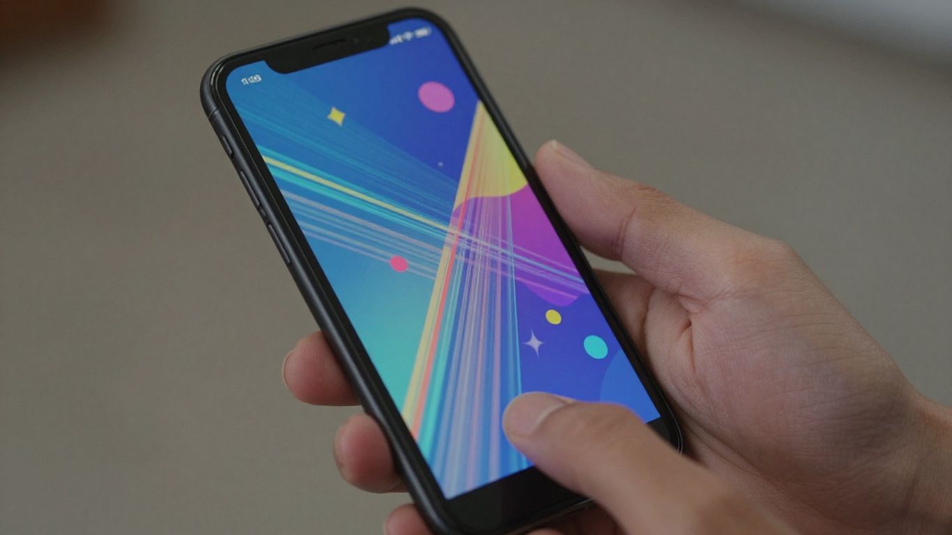 Ruce držící telefon s barevným digitálním vzorem.