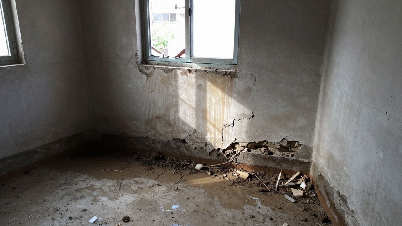 Damaged house foundation after flood with water and debris.