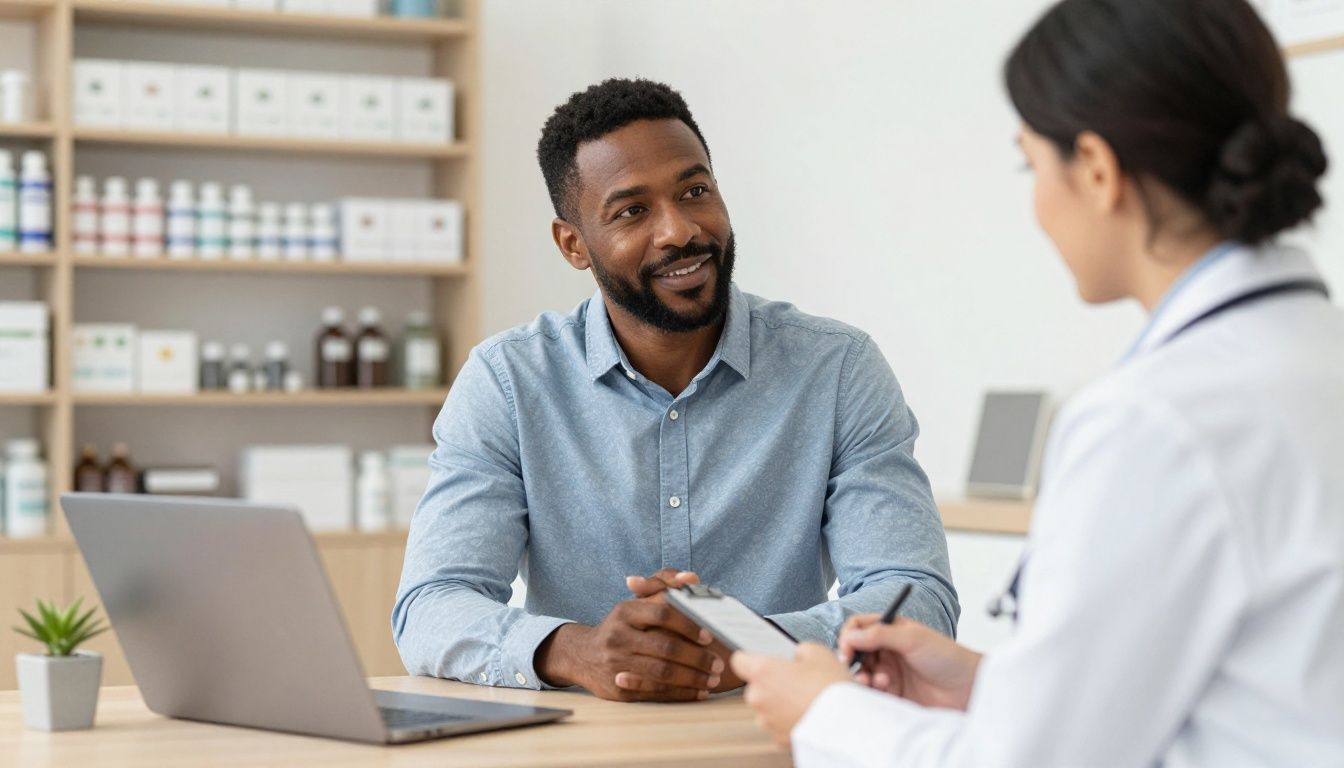 A confident, diverse man in his 40s speaking with a healthcare provider in an upscale men’s health clinic, with subtle lab and wellness details in the background, premium realistic photography, natural lighting, no logos or text