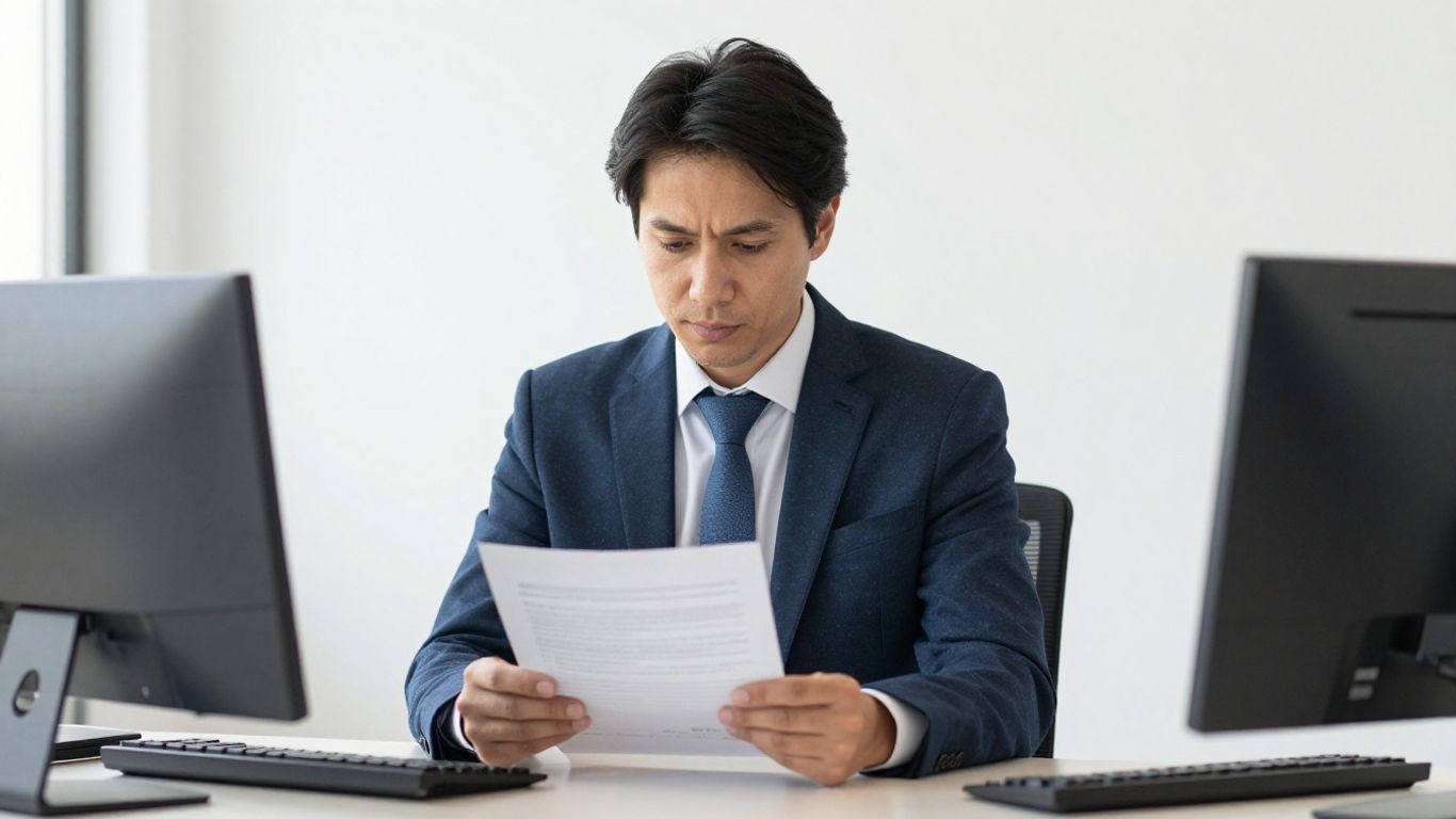 Person prüft Arbeitsvertrag im Büro