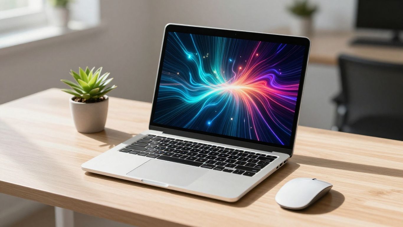 Laptop with digital growth pattern on desk.