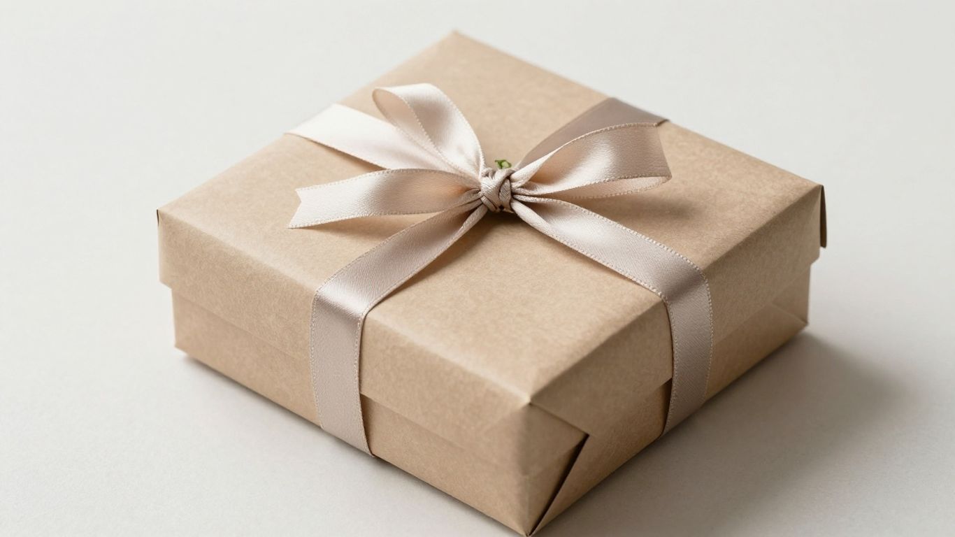 Elegant vegan gift box with ribbon on a clean surface.