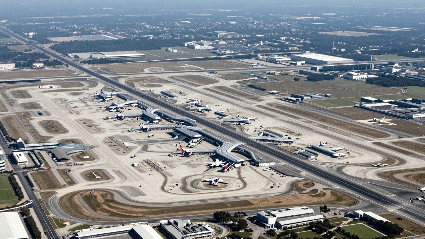 Aerial view of a massive airport with long runways and terminals.