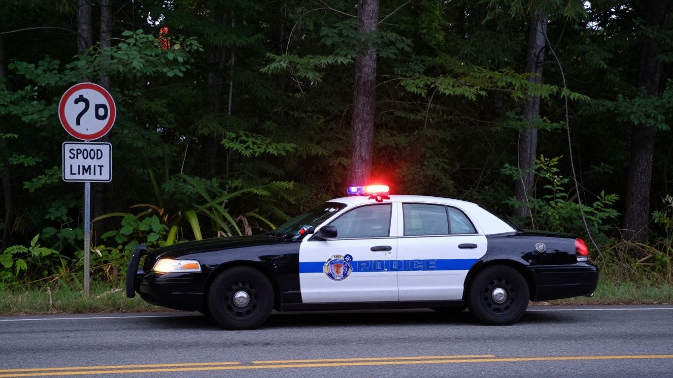 Police car with flashing lights on a rural road.