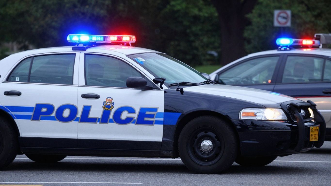 Police car lights flashing behind a stopped car.