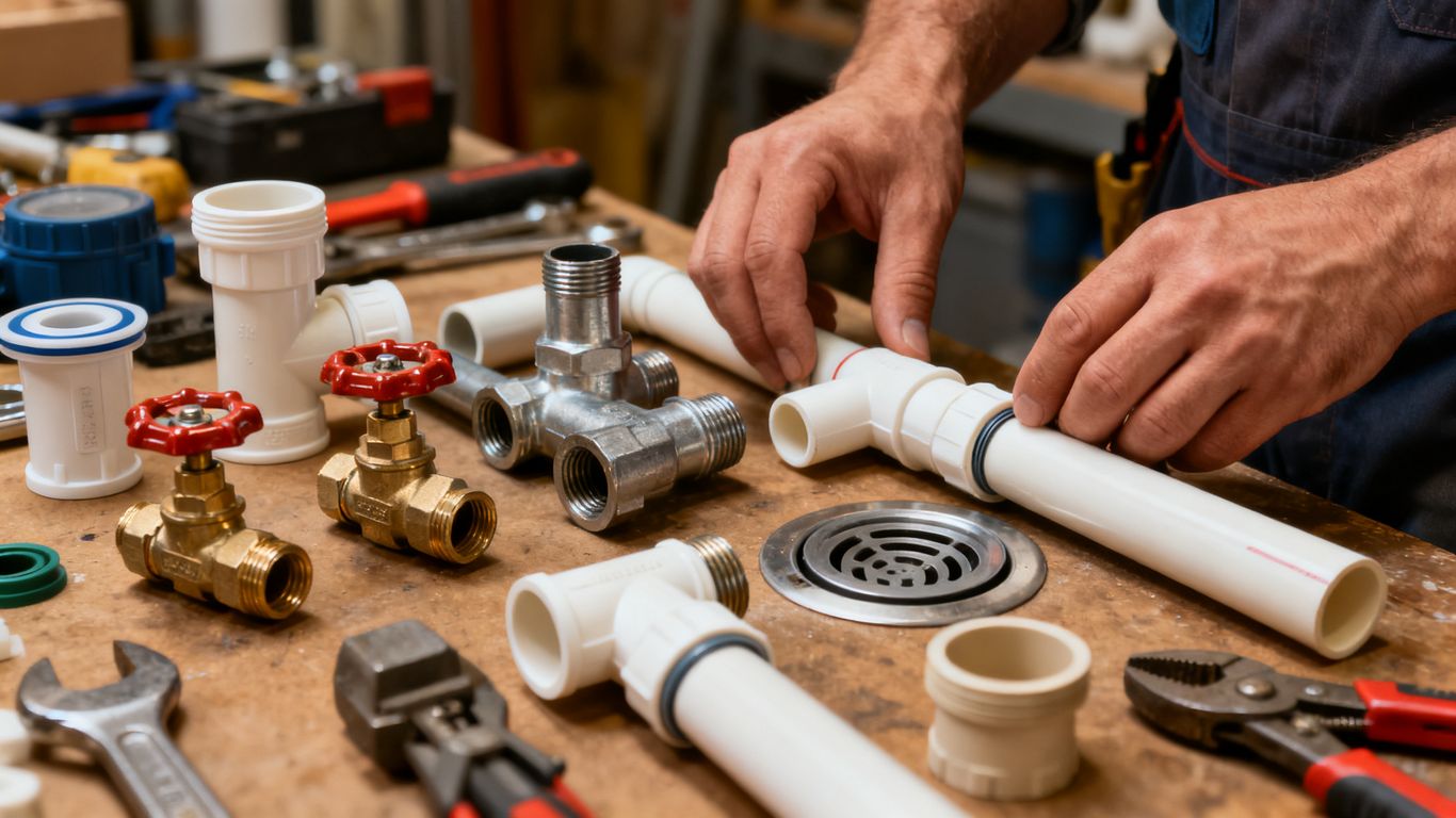 Plumbing tools and labeled pipe components