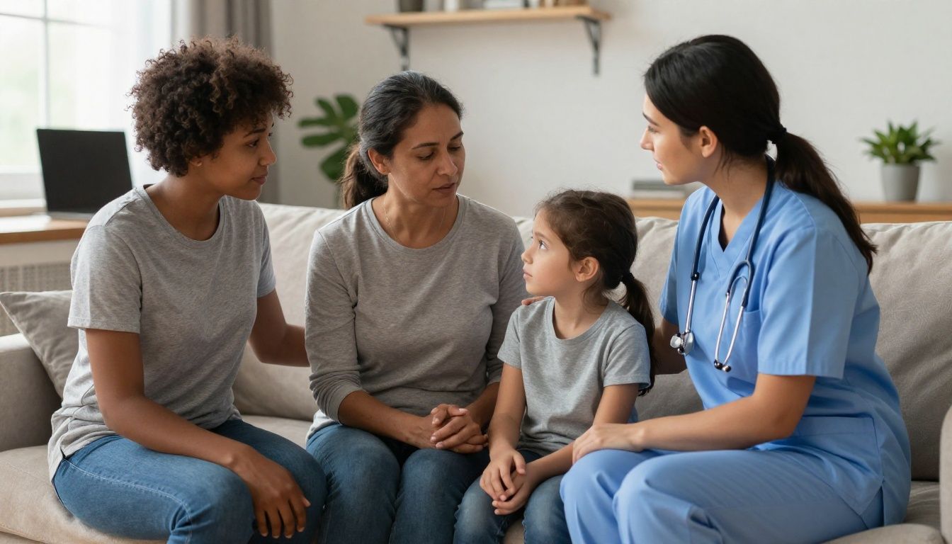 A warm, realistic scene in a U.S. home with a nurse or aide gently supporting a diverse family member or patient, reflecting emotional intelligence and compassion in home care.