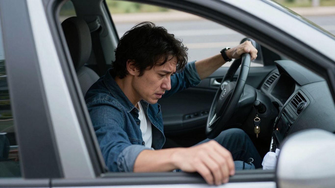 Person locked keys in car, looking at keys inside.