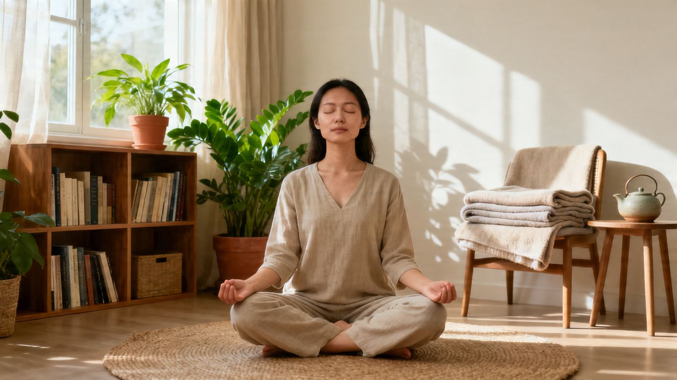 Woman meditating in a calm, organized home.