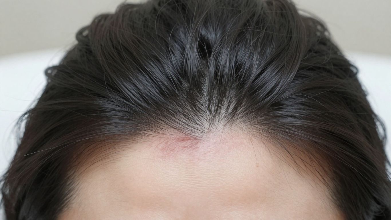 Scalp after hair transplant showing healing incisions and redness.