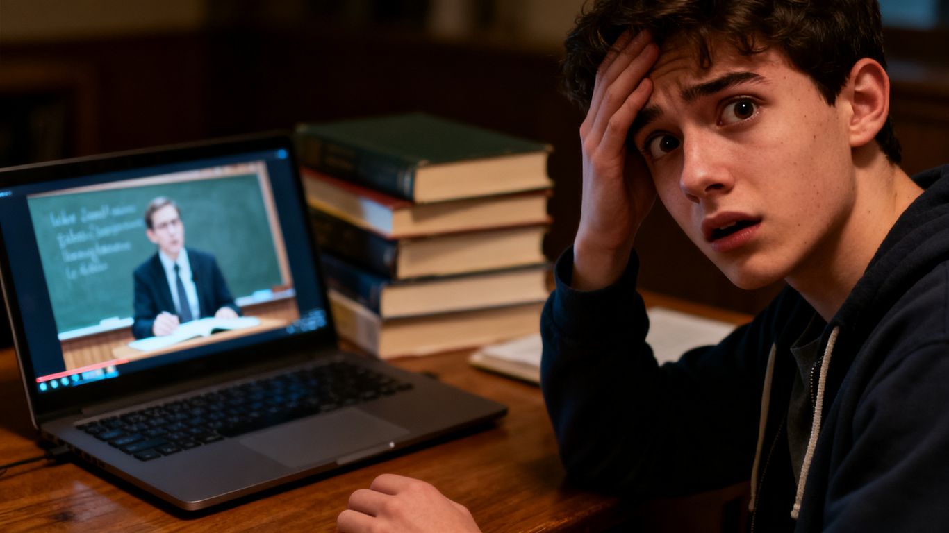 Student looking stressed while watching a lecture at high speed.