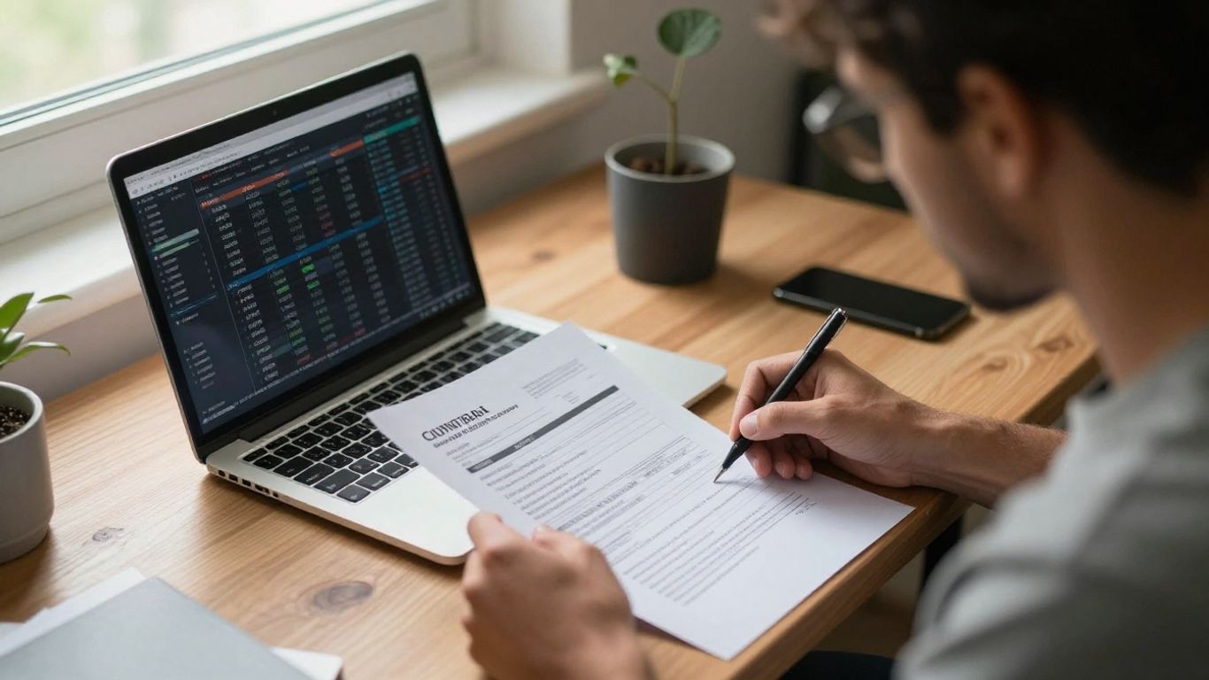 Trader reviewing a forex evaluation plan at desk