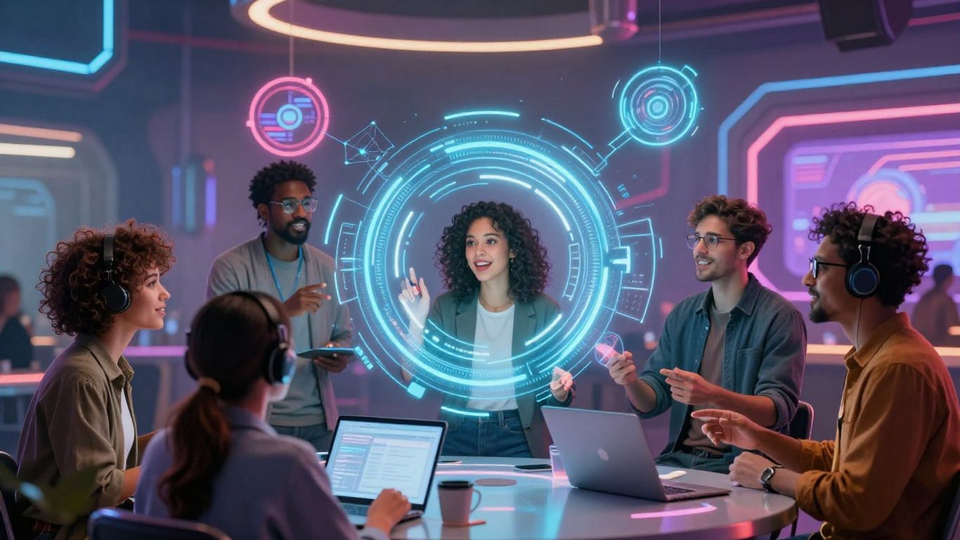 Entertainment professionals collaborating in a futuristic, game-like setting.