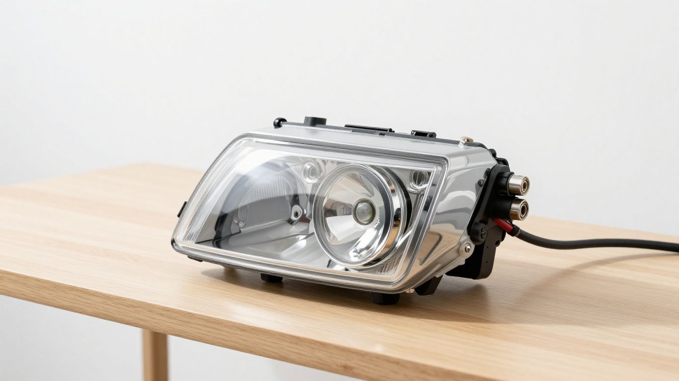 A clean used headlight sitting ready for installation