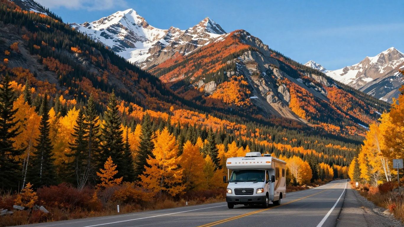 Motorhome on scenic Canadian highway with autumn foliage.