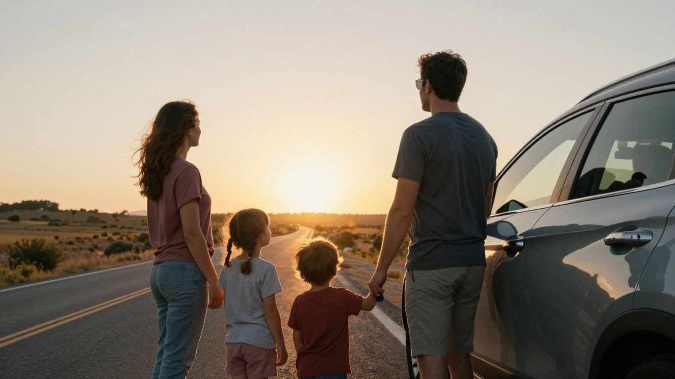 Familia apagando el motor del coche en una parada.