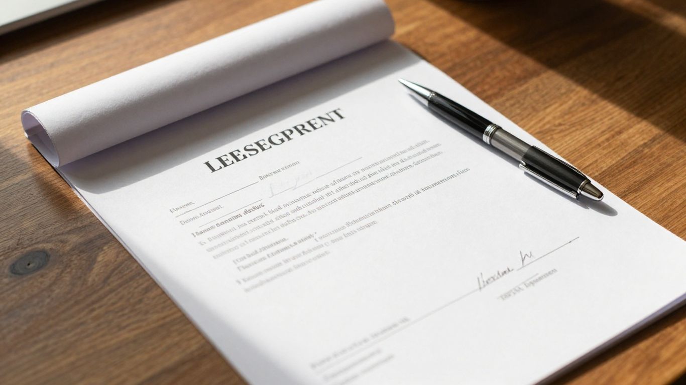 A clean table with a signed lease agreement document on a wooden desk with a premium pen next to it