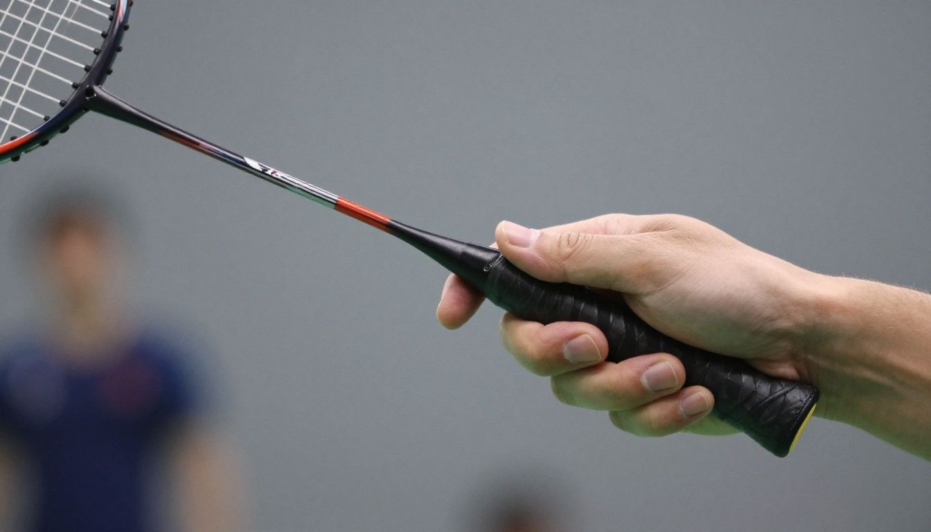 Close-up of a badminton racket grip.