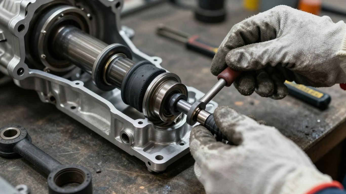 Technician extracting an old gearbox seal carefully