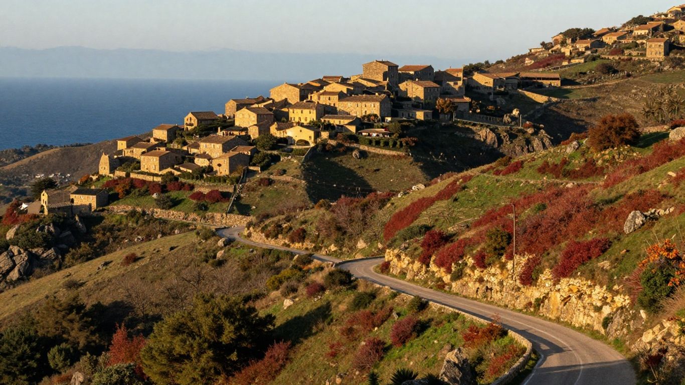 Autumn hills and coastal village in Corsica
