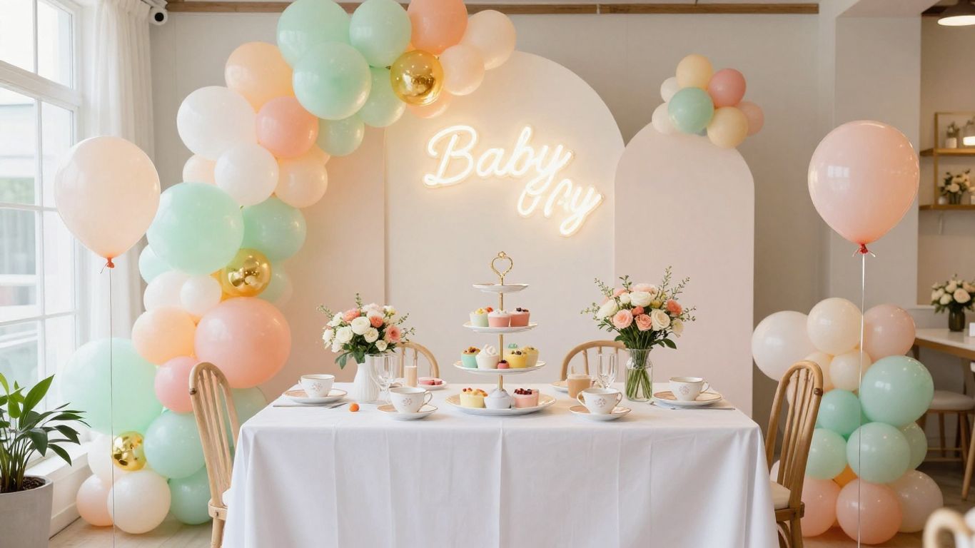 Elegant baby shower venue with balloons and cake.