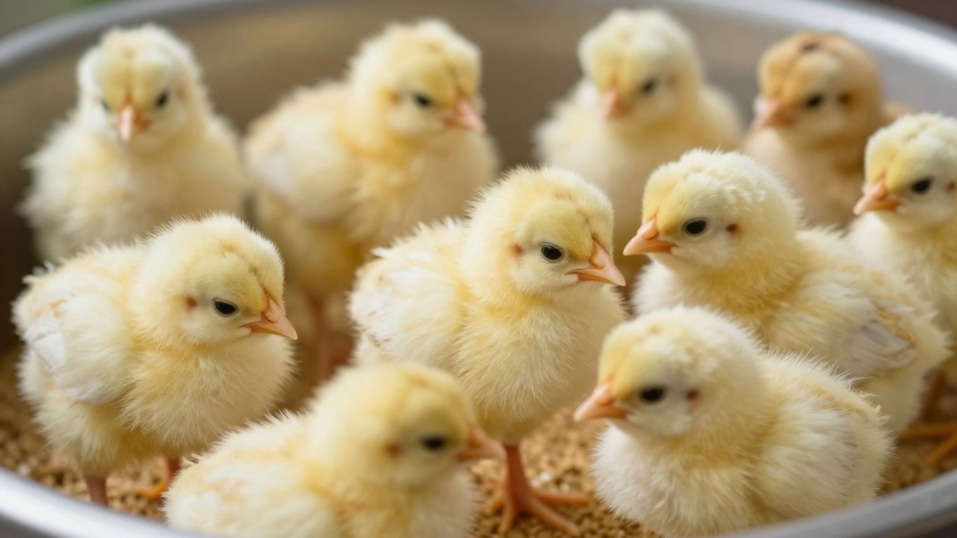 Pisklęta drobiu jedzące paszę dla zdrowego startu.