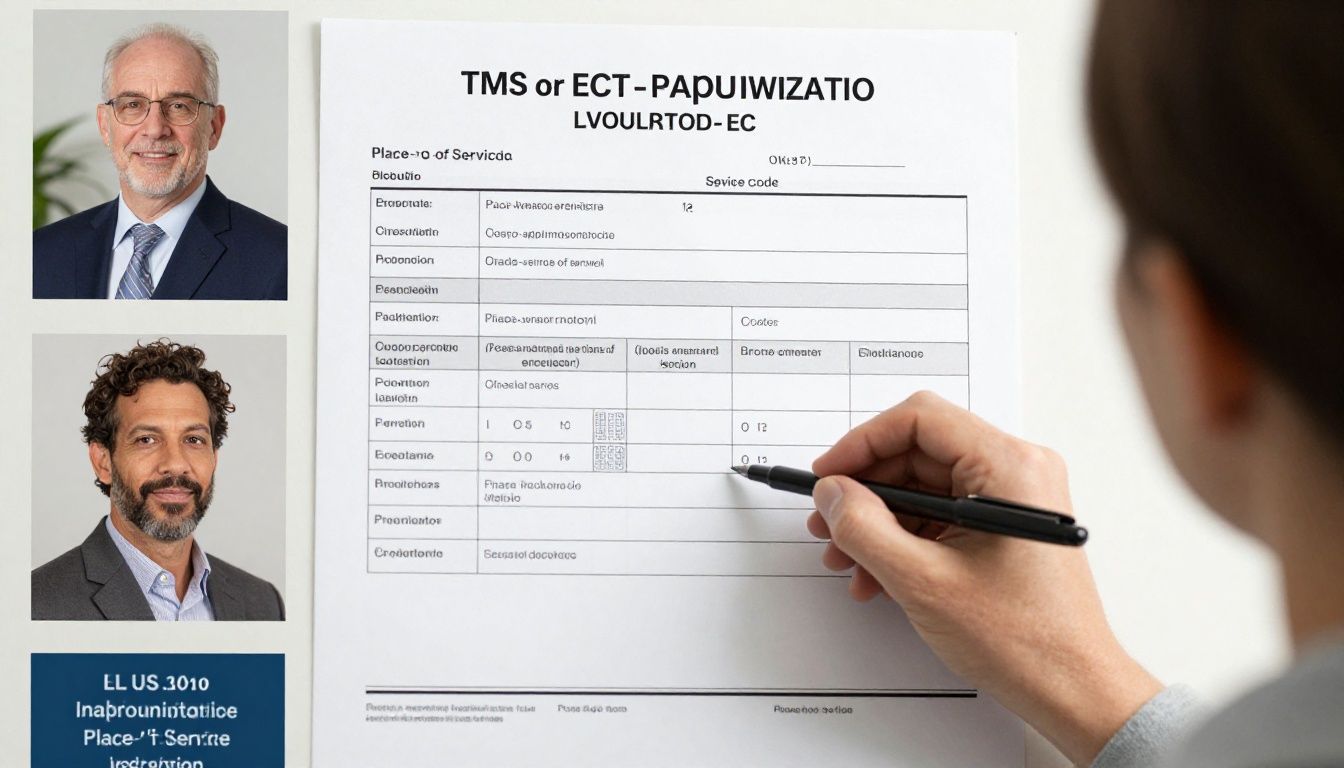A billing specialist reviewing a TMS or ECT prior-authorization form and comparing the place-of-service code with the treatment location; realistic office photography with natural lighting and diverse representation reflecting the U.S. population.
