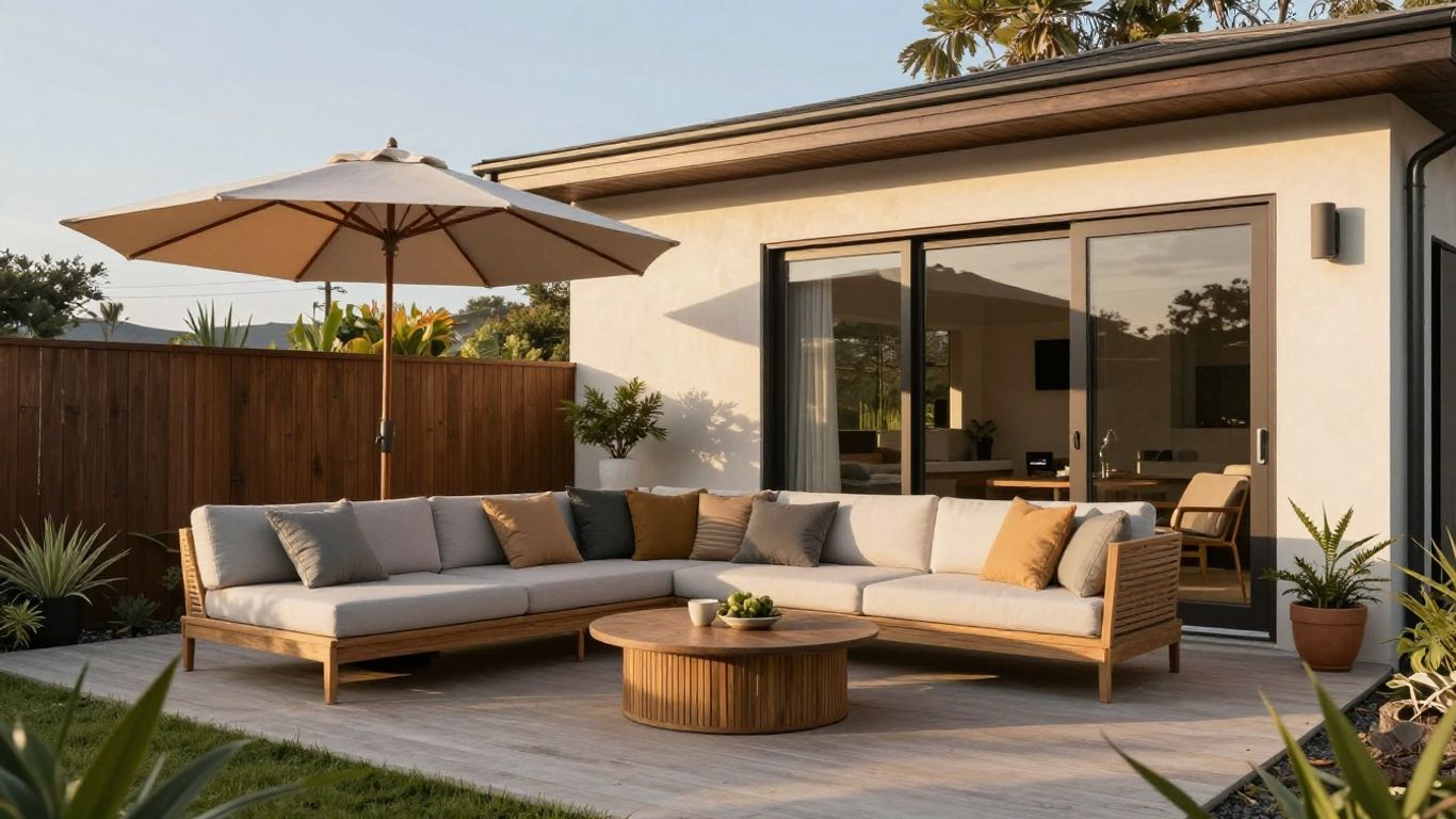 Layered outdoor lounge beside modern New Zealand home