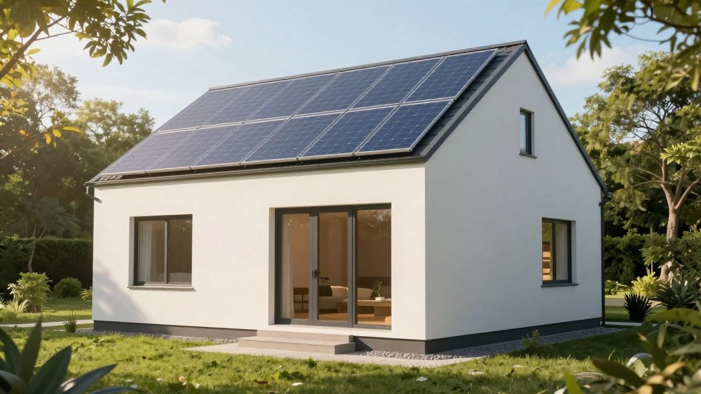 Modern house with solar panels and a green garden.