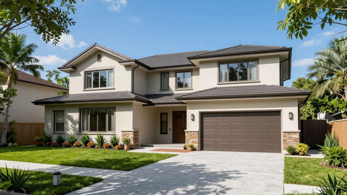 Casa moderna con jardín y cielo azul.
