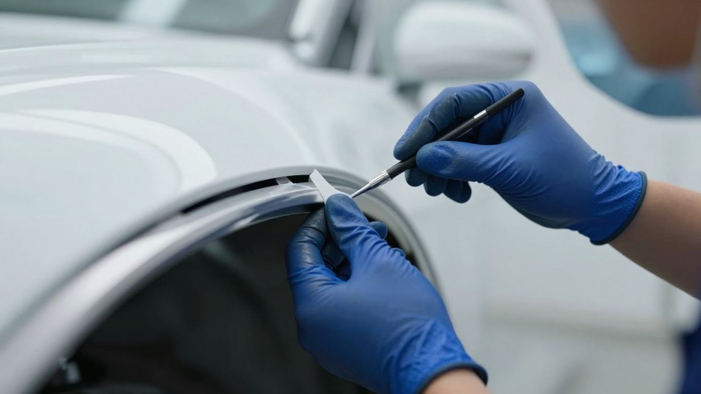 Hände eines Gutachters prüfen Autoteile auf Schäden.