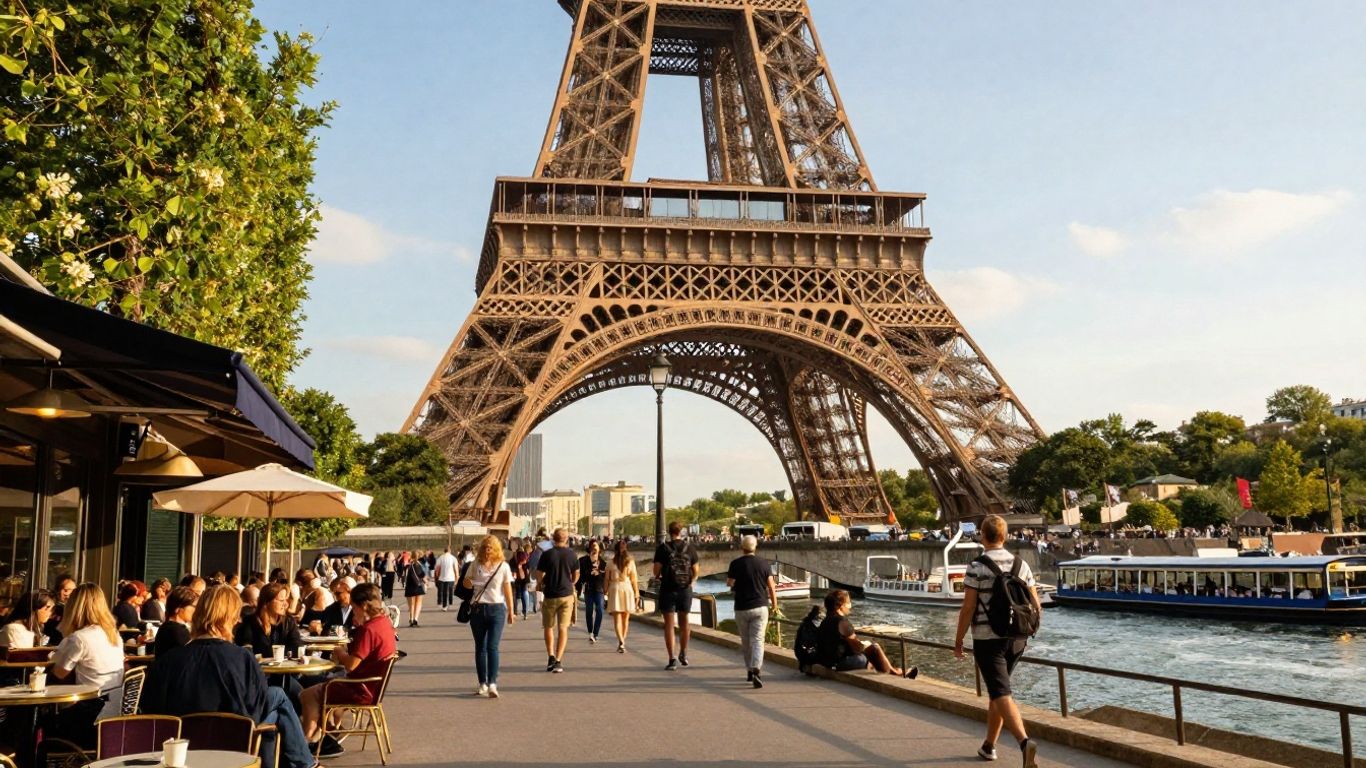 Eiffel Tower and Paris street scene with people enjoying cafes.