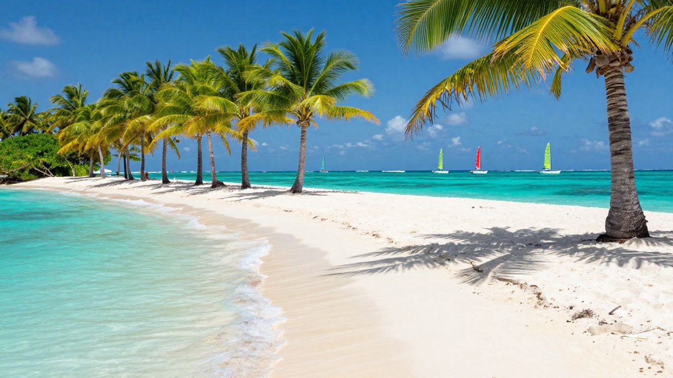 Tropical beach with clear water and palm trees.