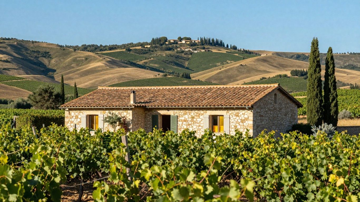 Holiday home amidst French vineyards with rolling hills.