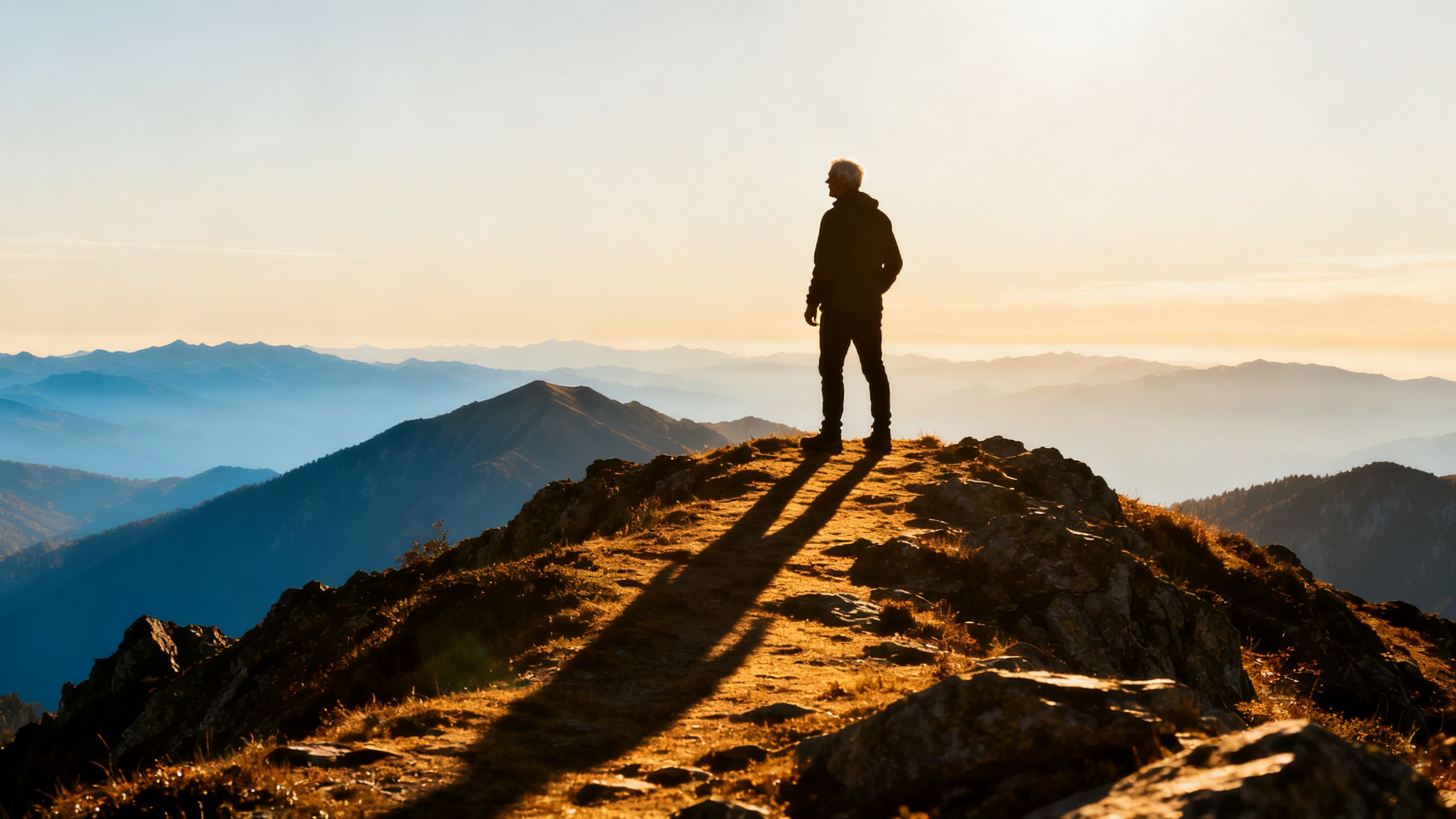Silhouette d'une personne mature et active observant un paysage naturel depuis un sommet, lumière chaude du matin, symbolisant la vitalité retrouvée.