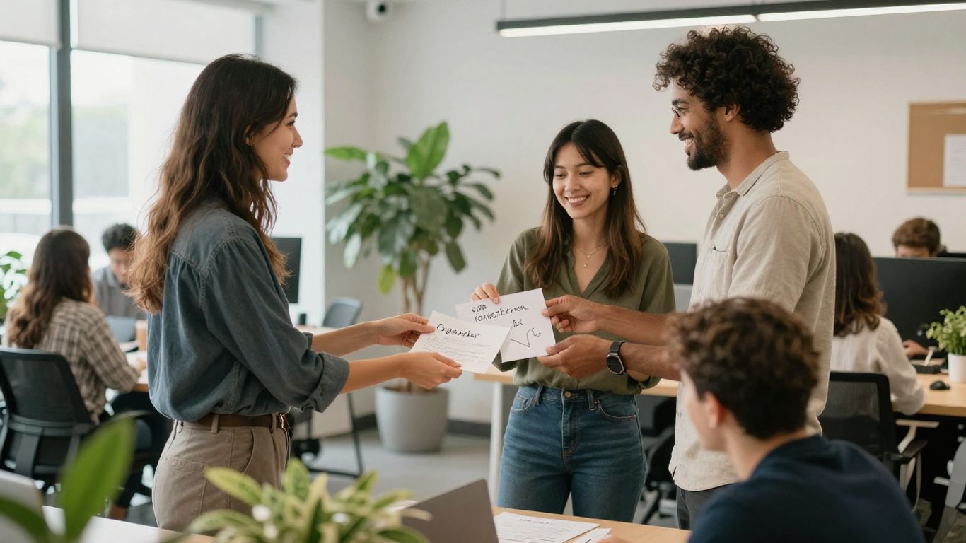 Employees sharing recognition in a bright office