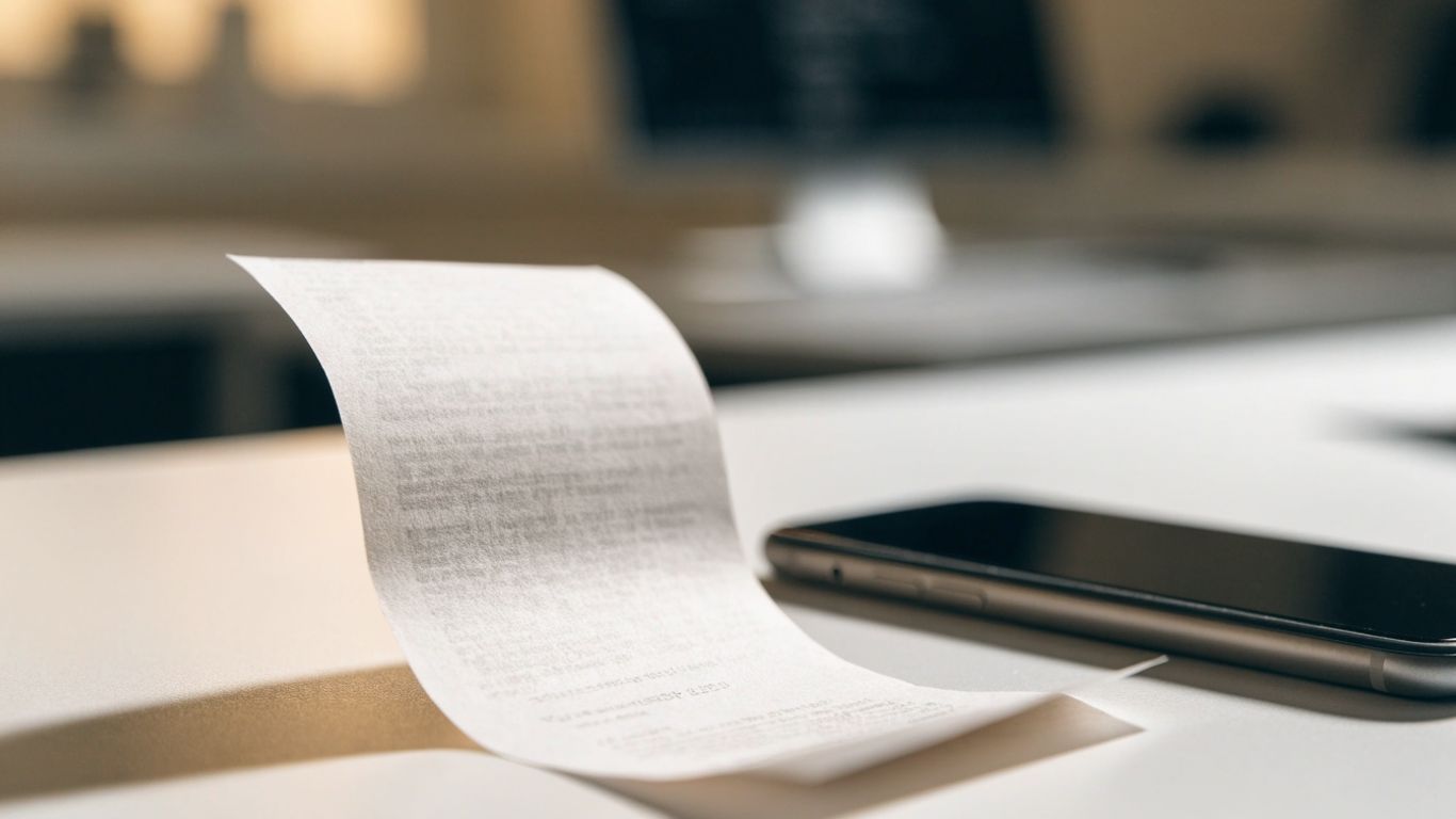 Close view of a receipt beside a phone camera