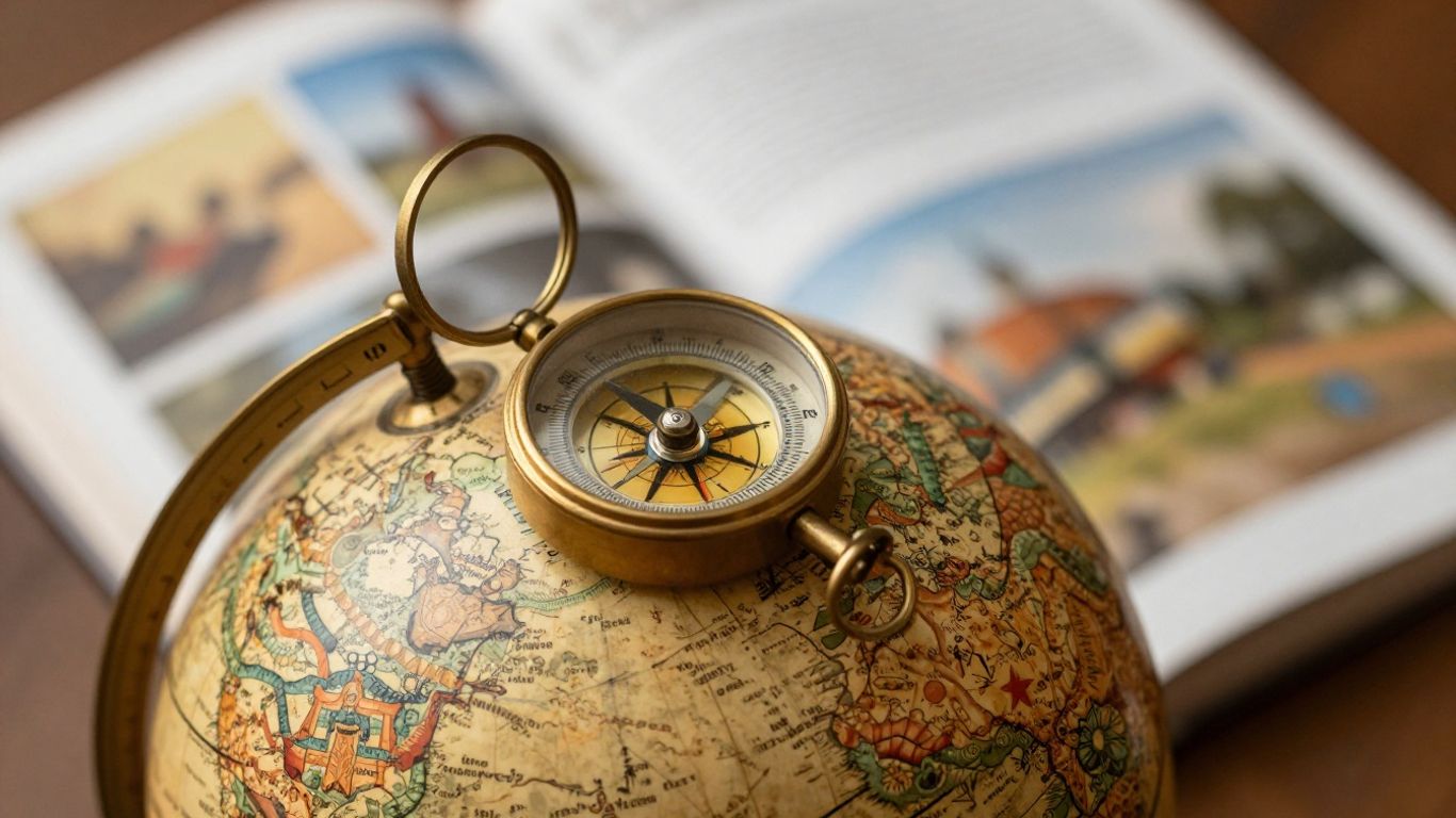 A vintage map with a compass resting on top