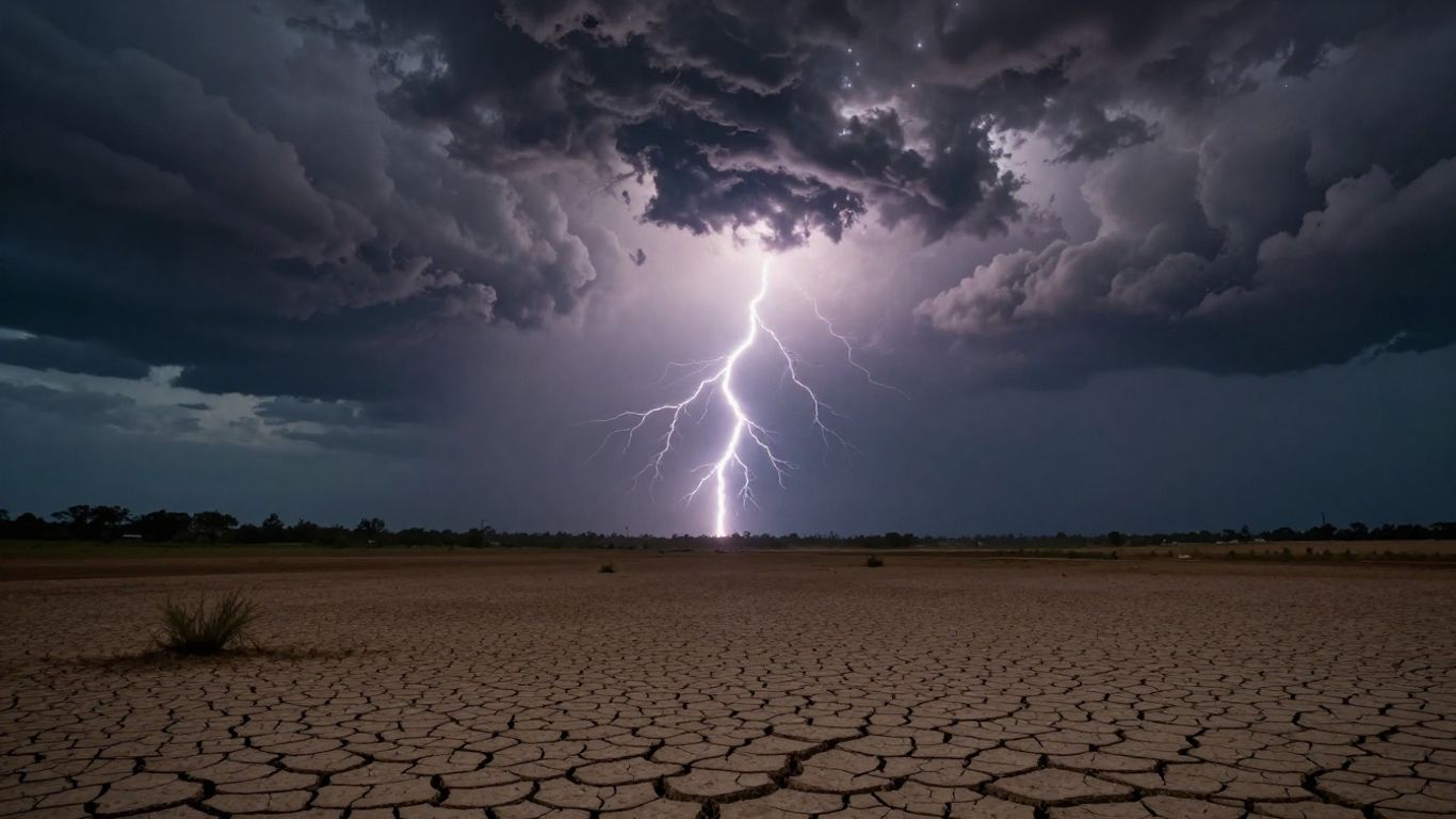 Dramatische Wolken über trockener Erde mit Blitzen.