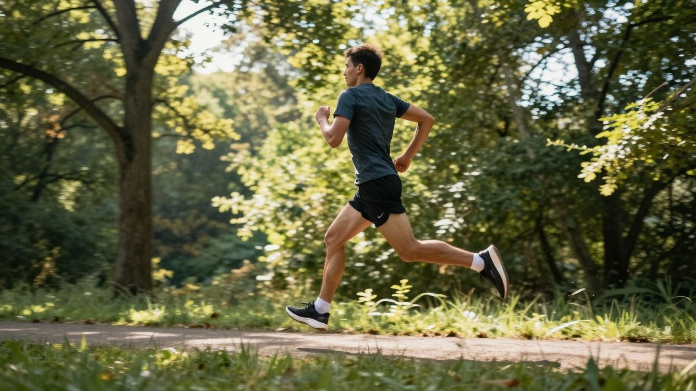Runner in mid-stride on a trail, demonstrating good form.