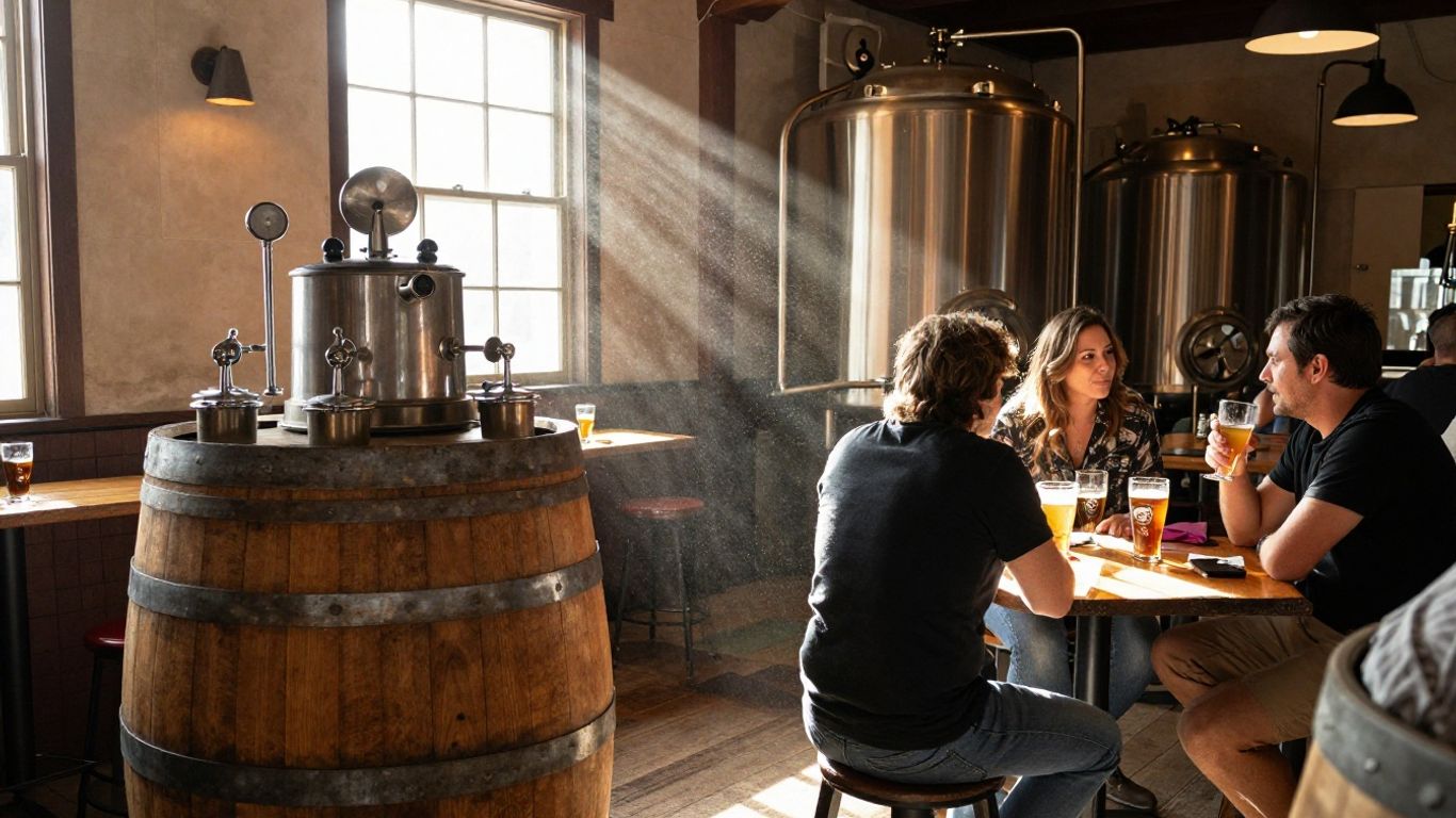 Interior of Brasserie du Tigre with barrels and patrons
