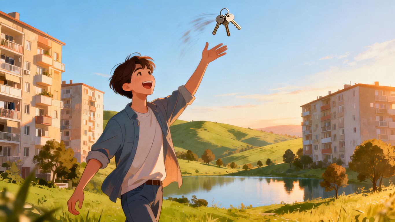 Person celebrating freedom from landlord duties.