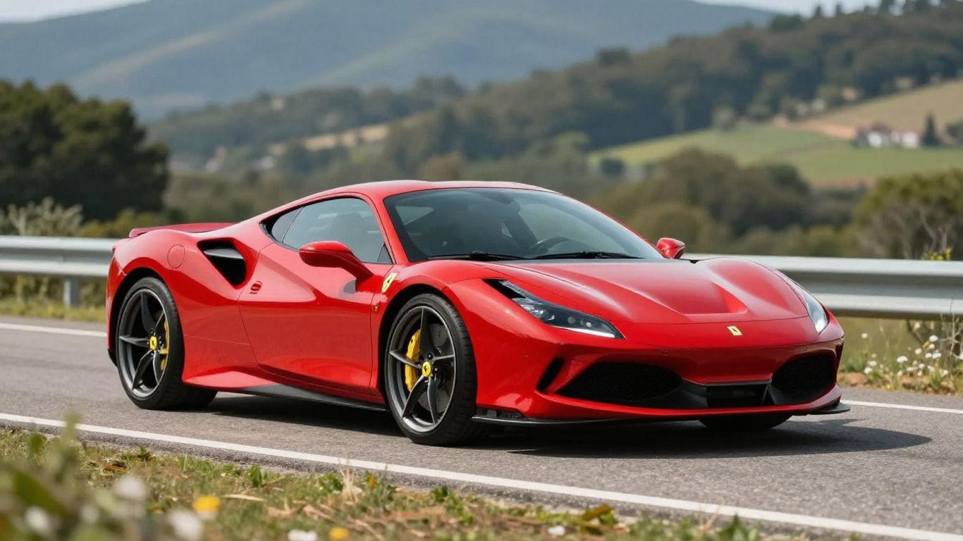 Red Ferrari F8 Tributo parked on a scenic road.